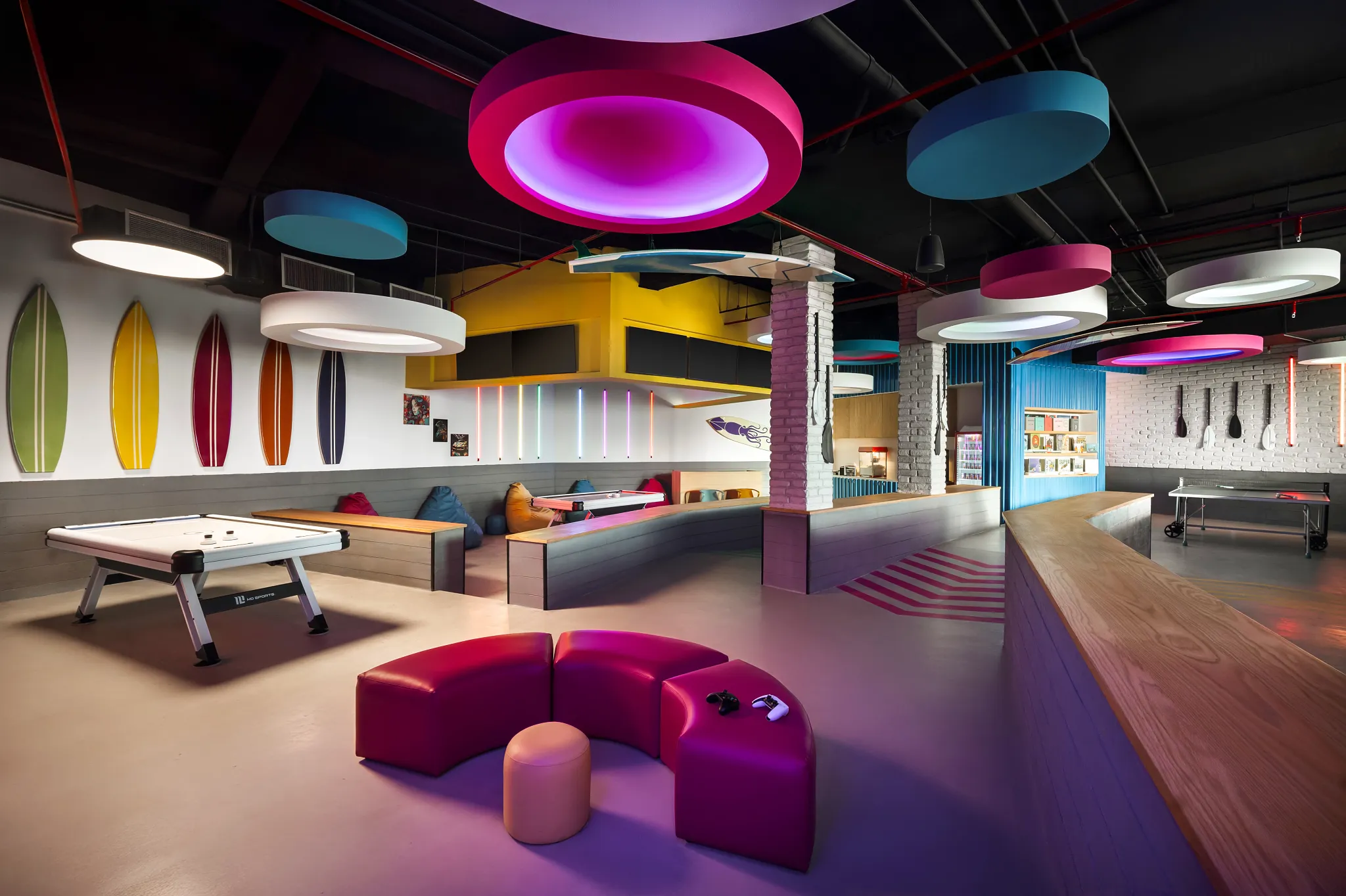 Colorful teen lounge and game area at the Core Zone Teens Club at Dreams Estrella del Mar Mazatlan Golf & Spa Resort.