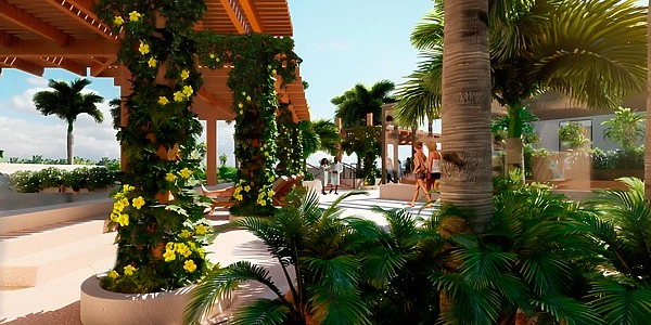 Energy Plaza outdoor event space with tropical landscaping at Dreams Estrella del Mar Mazatlan