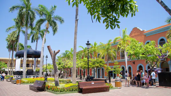 Historic Plaza Machado square with palm trees and colonial architecture near Dreams Estrella del Mar Mazatlán Golf & Spa Resort