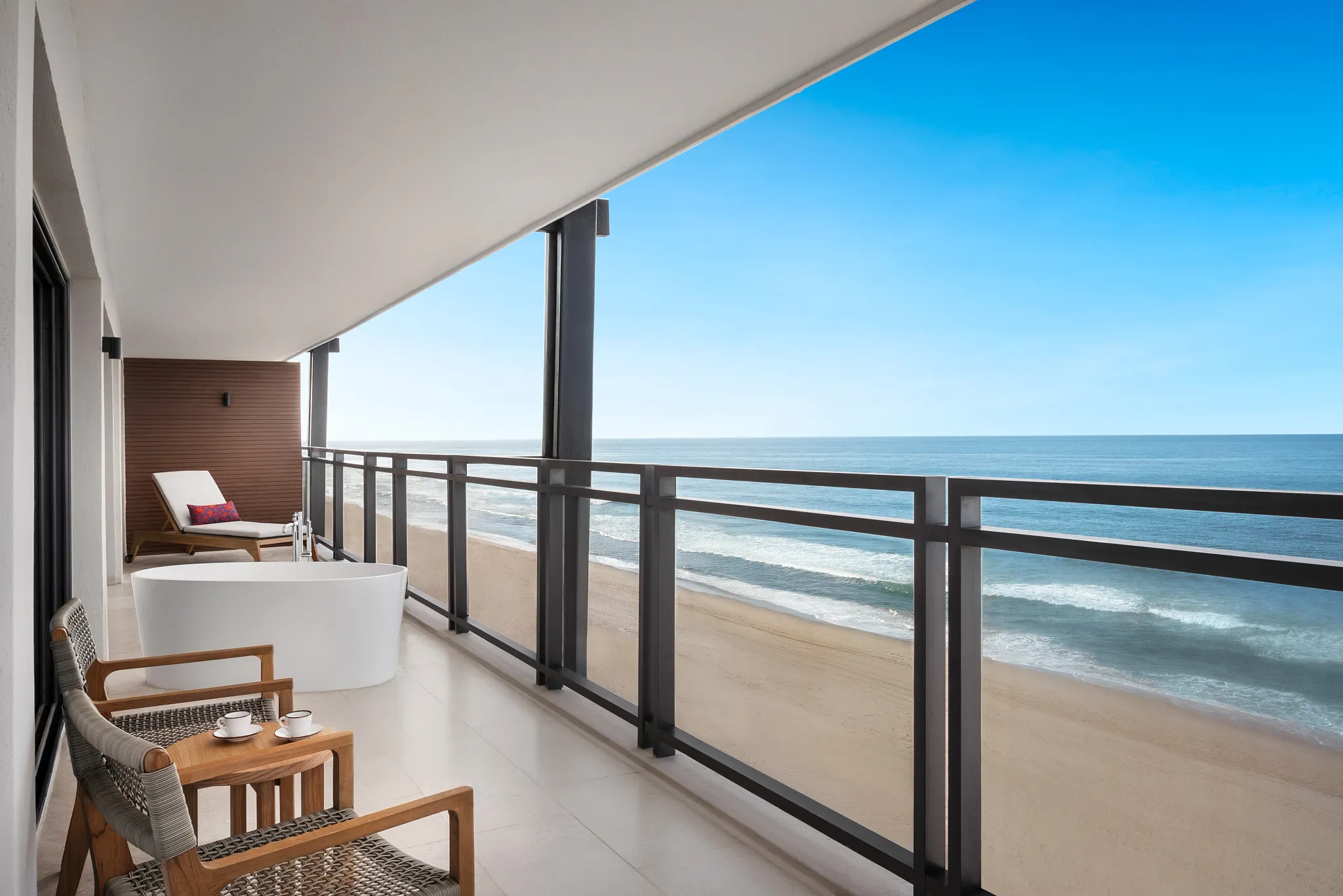Preferred Club Master Suite Ocean Front balcony with outdoor soaking tub at Dreams Estrella del Mar Mazatlan.