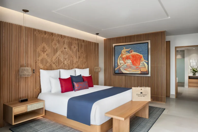 Preferred Club Premium Master Suite Swim Out bedroom with king bed at Dreams Estrella del Mar Mazatlan Golf & Spa Resort.