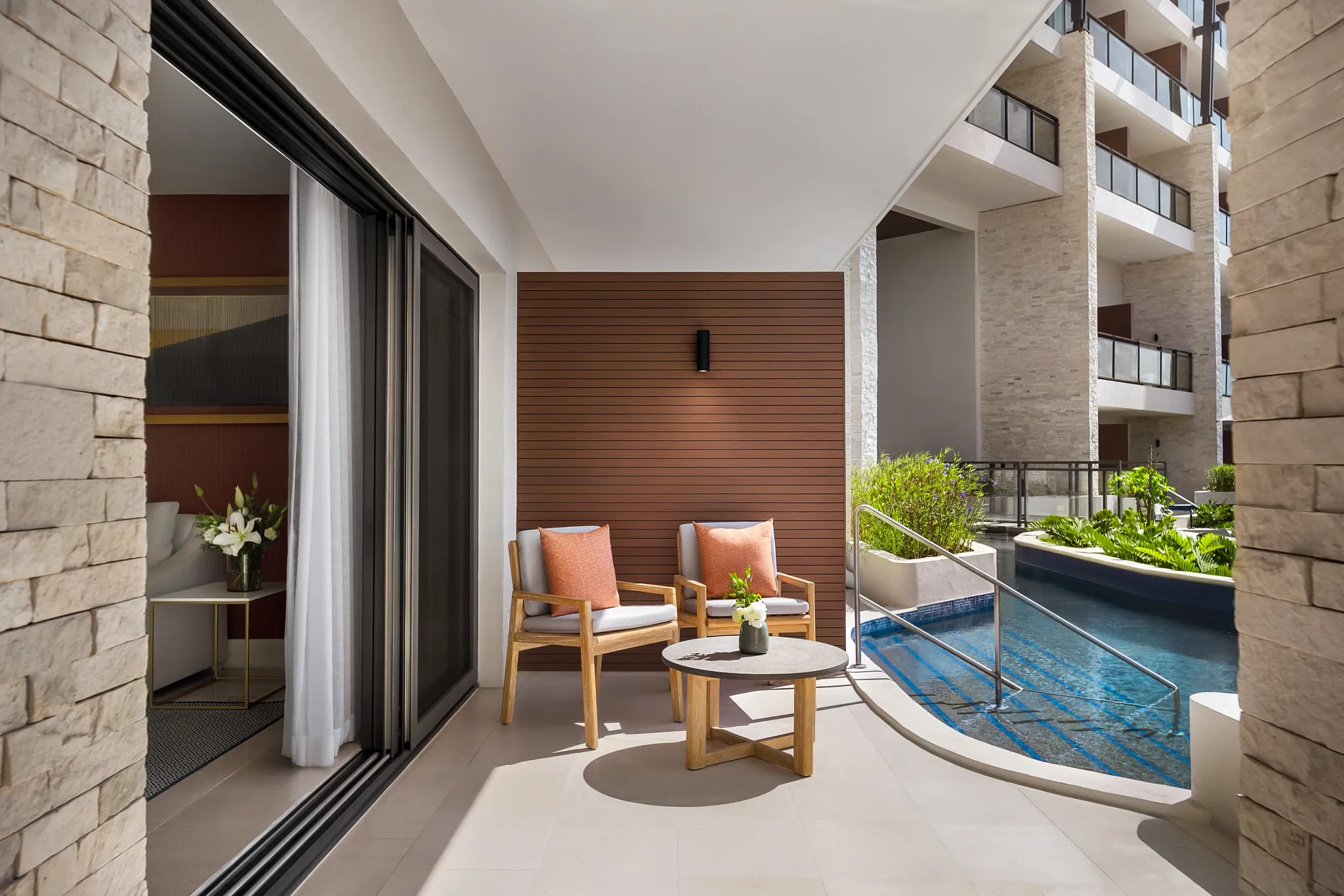 Preferred Club Premium Master Suite Swim Out terrace with direct pool access at Dreams Estrella del Mar Mazatlan.