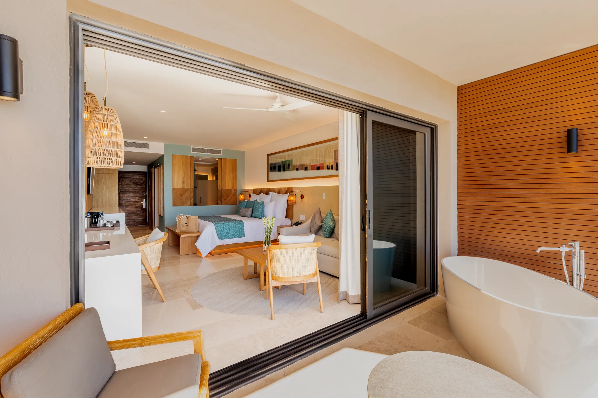 Preferred Club Premium Ocean Front terrace with outdoor soaking tub at Dreams Estrella del Mar Mazatlan.