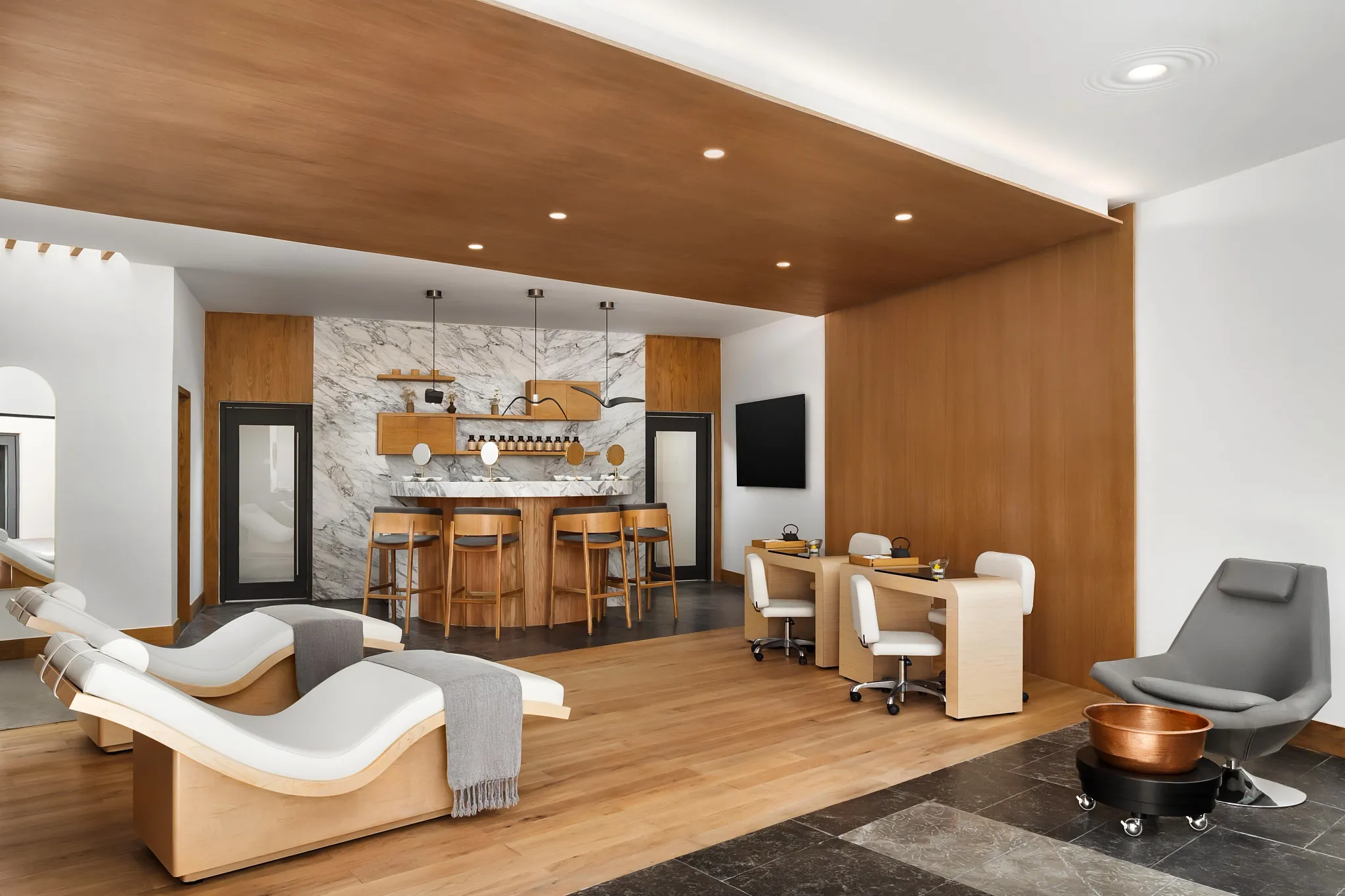 Modern spa festival suite with manicure stations and relaxation loungers at Dreams Estrella del Mar Mazatlan Golf & Spa Resort.